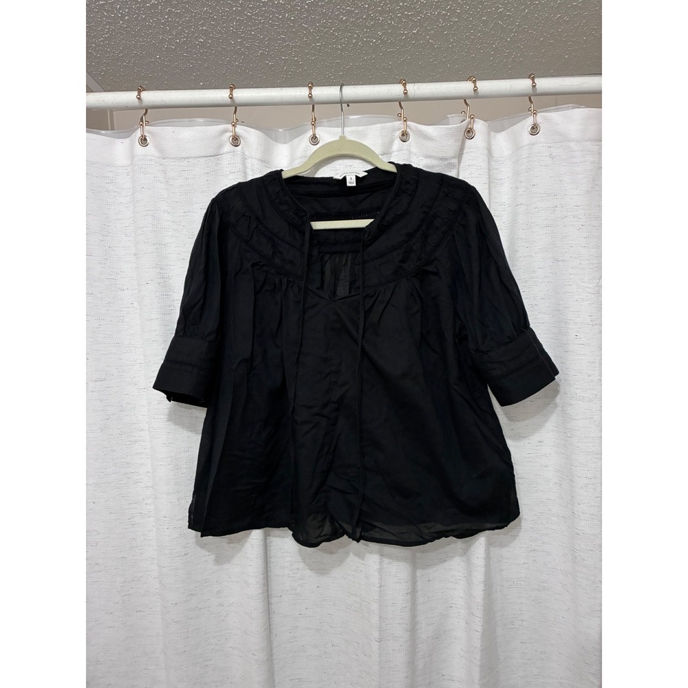 Banana Republic Black Cotton Voile Pintuck Pleated Tie Neck Blouse Small